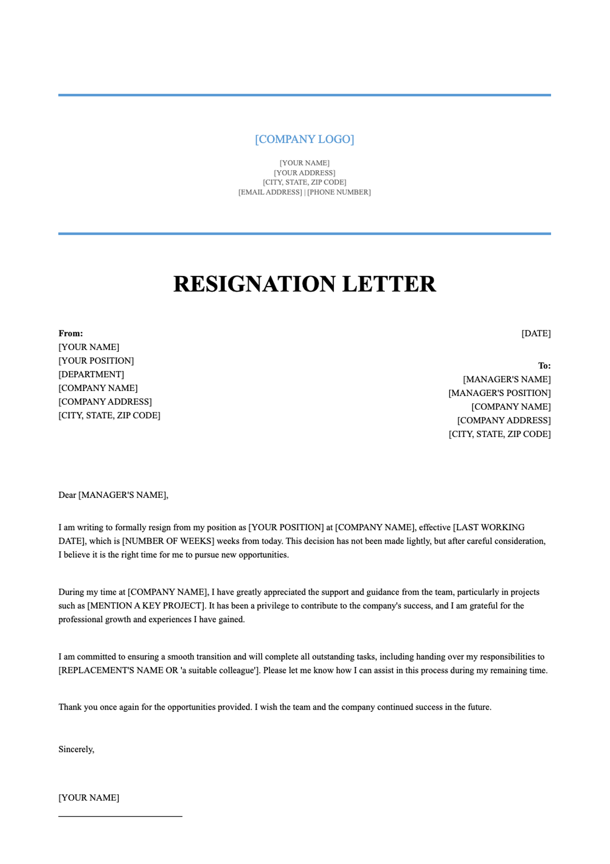 Short professional resignation letter template with placeholder fields_variant_1